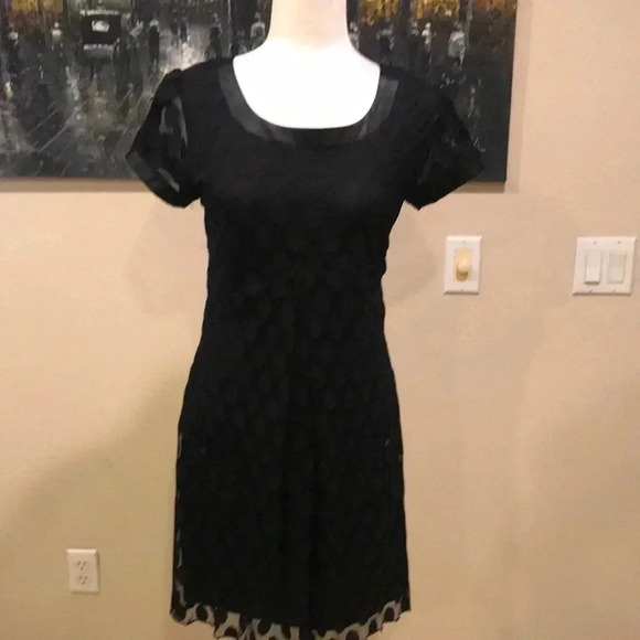 En Focus Studio Black Dress Sz 8 Lace Polka Dot Overlay Sheer Lined Short Sleeve - Picture 1 of 16